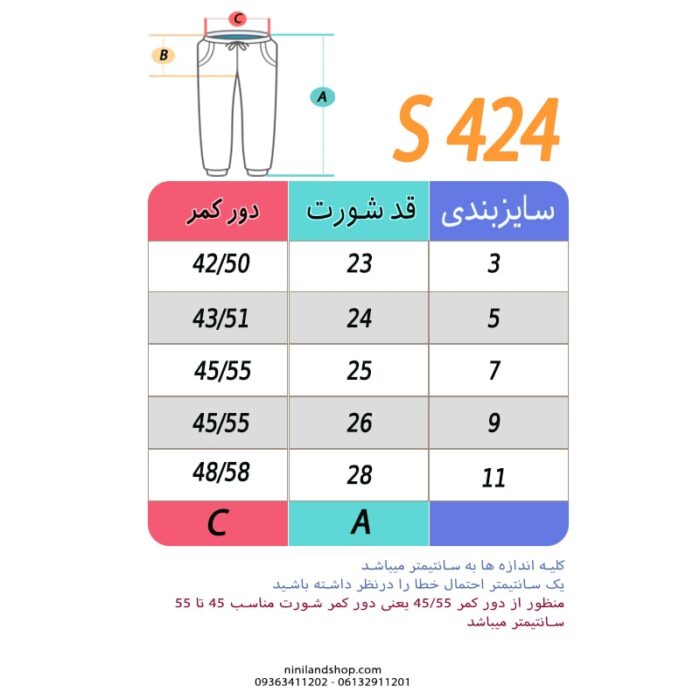 جدول سایز شورت بچه گانه فانتزی کالباسی