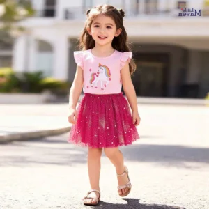 تاپ دامن دخترانه Little Maven طرح یونیکورن با دامن توری سرخابی (مناسب ۲ تا ۸ سال)