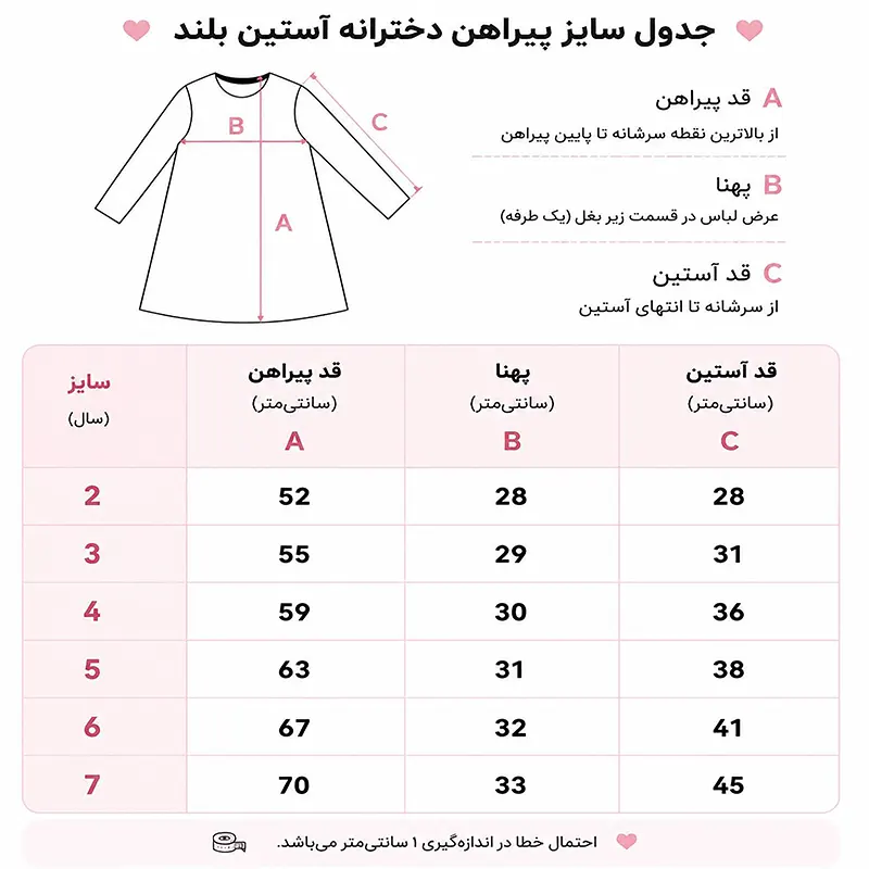 جدول سایزبندی پیراهن دخترانه مجلسی طرح سه بالرین پرنسسی با دامن توری (مناسب ۲ تا ۸ سال)