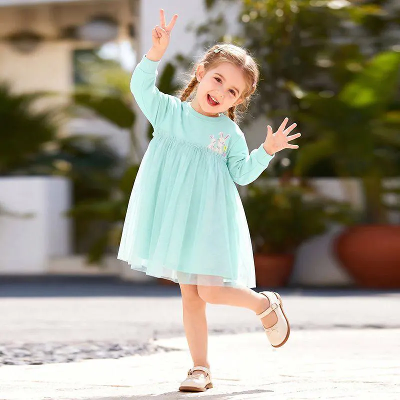 پیراهن دخترانه بچگانه طرح خرگوش سبز آبی (مناسب کودکان 2 تا 7 سال)